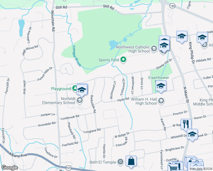 map of restaurants, bars, coffee shops, grocery stores, and more near 125 Richmond Lane in West Hartford