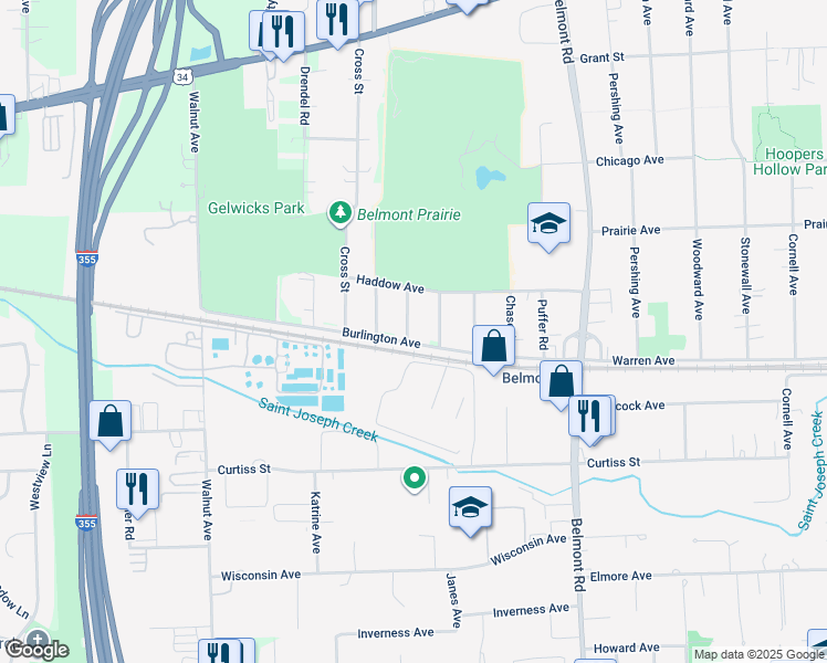 map of restaurants, bars, coffee shops, grocery stores, and more near 4949 Rose Avenue in Downers Grove