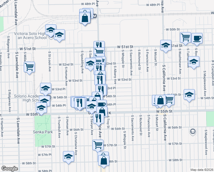 map of restaurants, bars, coffee shops, grocery stores, and more near 3130 West 53rd Place in Chicago