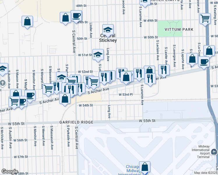 map of restaurants, bars, coffee shops, grocery stores, and more near 5317 Long Avenue in Chicago