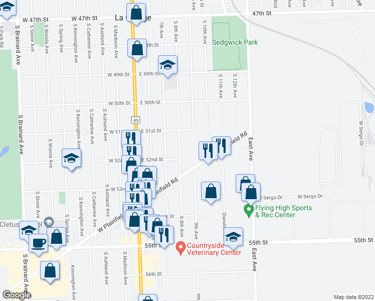 map of restaurants, bars, coffee shops, grocery stores, and more near 411 East Plainfield Road in La Grange