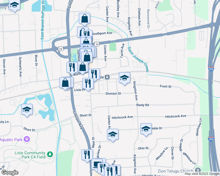map of restaurants, bars, coffee shops, grocery stores, and more near 930 Division Street in Lisle