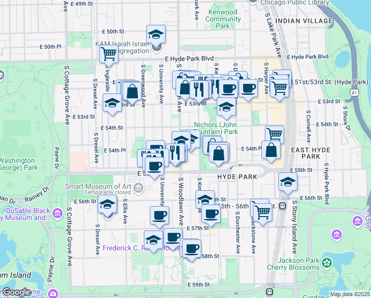 map of restaurants, bars, coffee shops, grocery stores, and more near 920 East 55th Street in Chicago