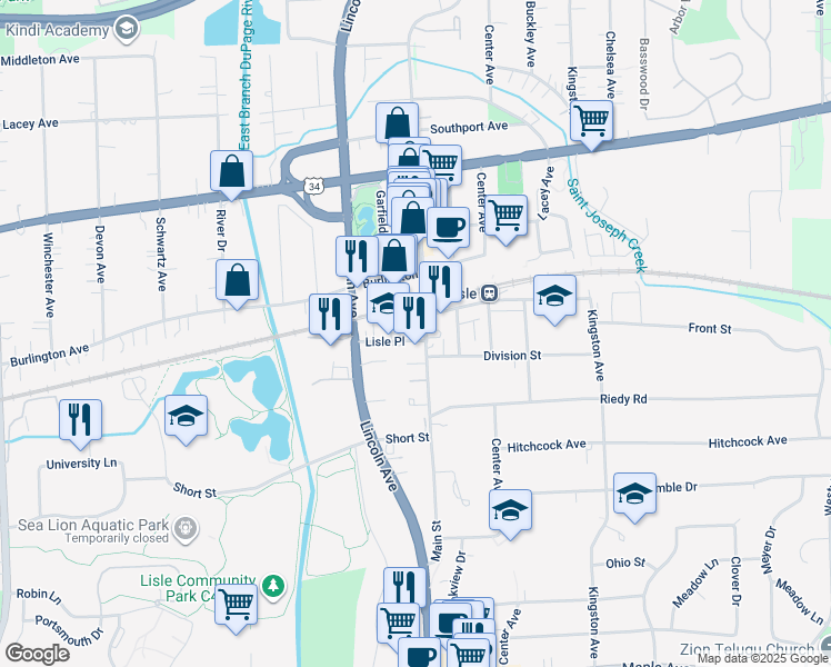 map of restaurants, bars, coffee shops, grocery stores, and more near 1131 Lisle Place in Lisle