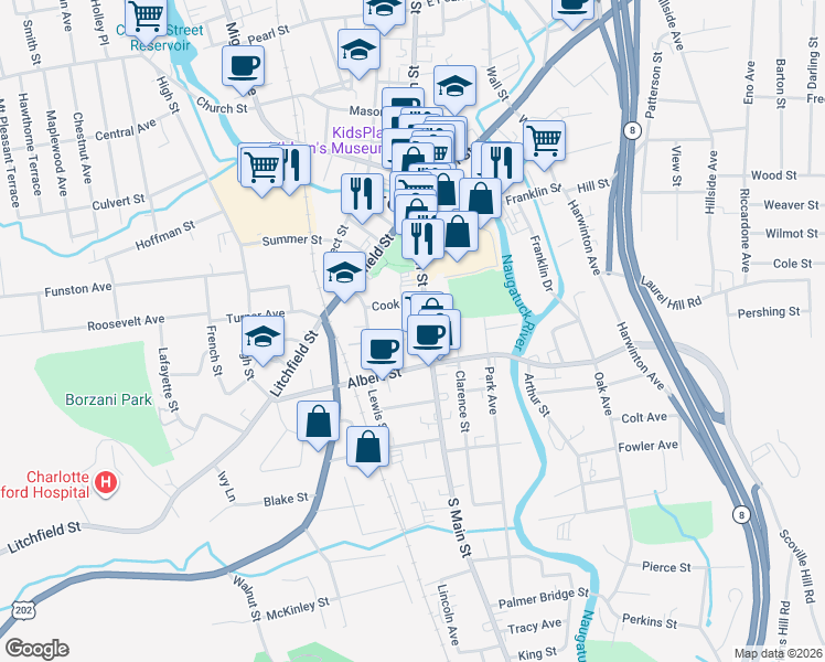 map of restaurants, bars, coffee shops, grocery stores, and more near 43 Taylor Street in Torrington