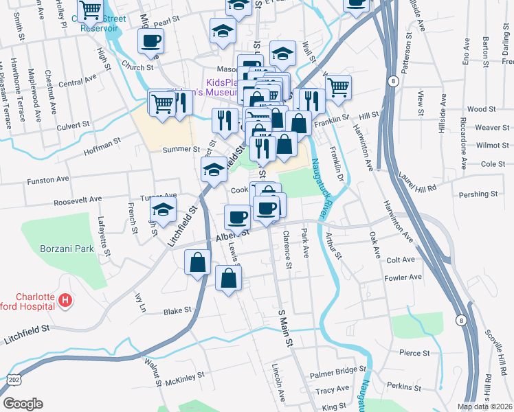 map of restaurants, bars, coffee shops, grocery stores, and more near 43 Taylor Street in Torrington