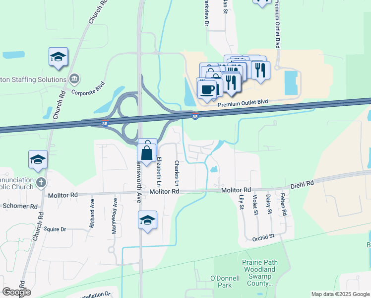 map of restaurants, bars, coffee shops, grocery stores, and more near 1990 Tall Oaks Drive in Aurora