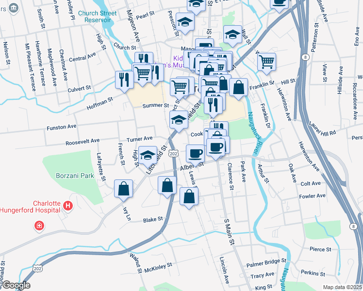 map of restaurants, bars, coffee shops, grocery stores, and more near 98 Wilson Avenue in Torrington