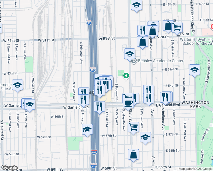 map of restaurants, bars, coffee shops, grocery stores, and more near 5341-5399 South Wentworth Avenue in Chicago