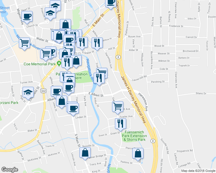 map of restaurants, bars, coffee shops, grocery stores, and more near 54 Oak Avenue in Torrington