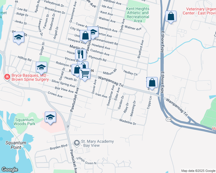 map of restaurants, bars, coffee shops, grocery stores, and more near 60 Buckthorne Avenue in East Providence