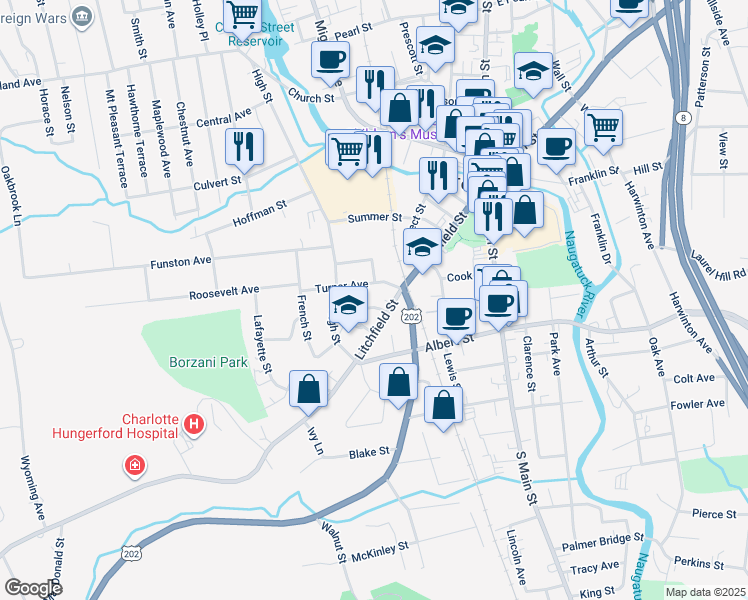 map of restaurants, bars, coffee shops, grocery stores, and more near 20 Seymour Street in Torrington
