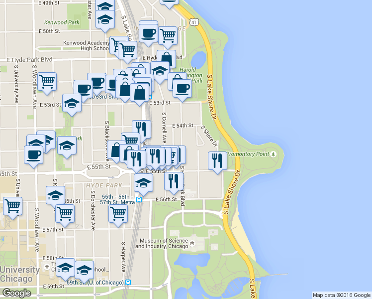 map of restaurants, bars, coffee shops, grocery stores, and more near 5479 South Hyde Park Boulevard in Chicago