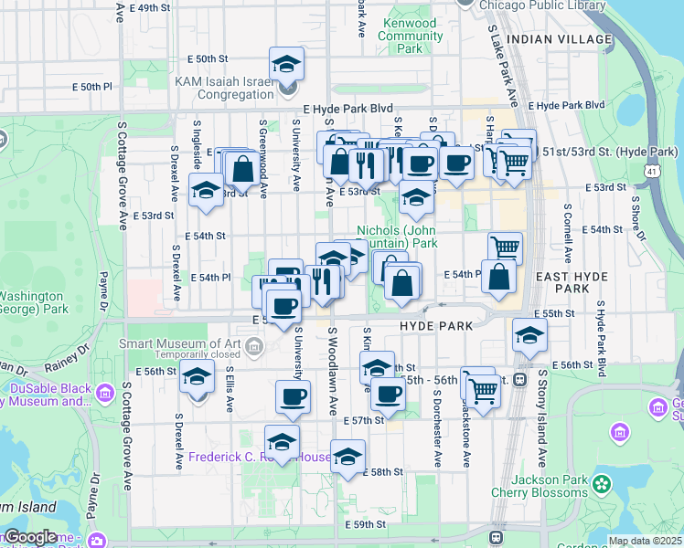 map of restaurants, bars, coffee shops, grocery stores, and more near 920 East 55th Street in Chicago