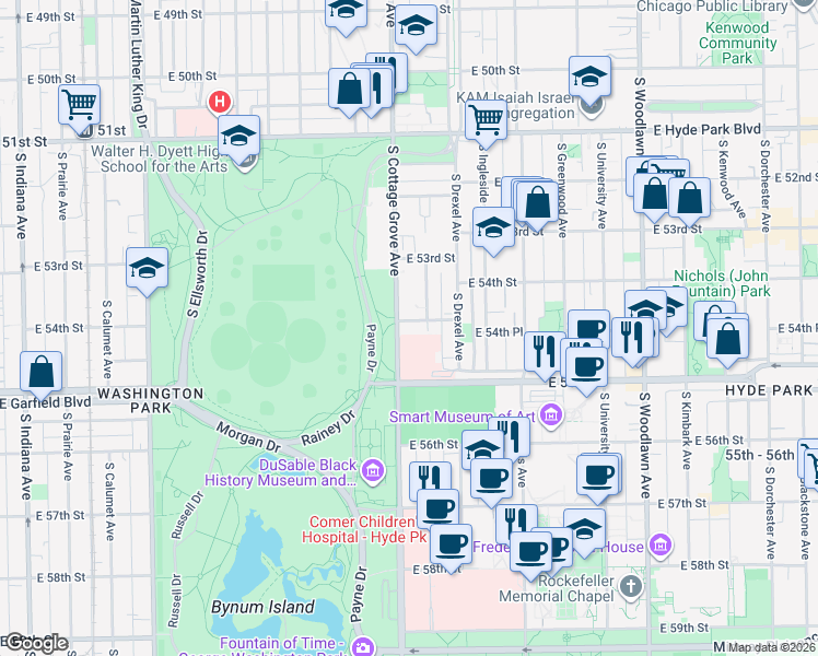 map of restaurants, bars, coffee shops, grocery stores, and more near 5450 South Cottage Grove Avenue in Chicago