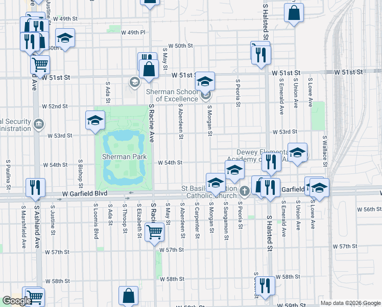map of restaurants, bars, coffee shops, grocery stores, and more near 5401 South Carpenter Street in Chicago