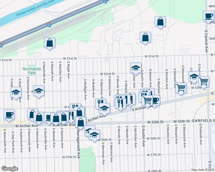 map of restaurants, bars, coffee shops, grocery stores, and more near 5301 South Melvina Avenue in Chicago