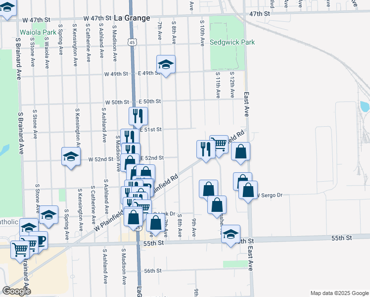map of restaurants, bars, coffee shops, grocery stores, and more near 411 East Plainfield Road in La Grange