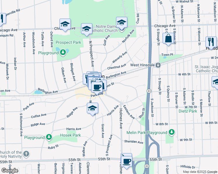 map of restaurants, bars, coffee shops, grocery stores, and more near 109 Eastern Avenue in Clarendon Hills