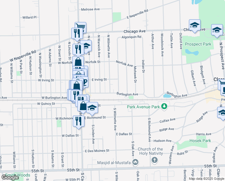 map of restaurants, bars, coffee shops, grocery stores, and more near 581 Burlington Avenue in Clarendon Hills