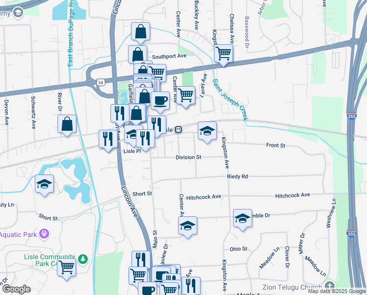 map of restaurants, bars, coffee shops, grocery stores, and more near 930 Division Street in Lisle