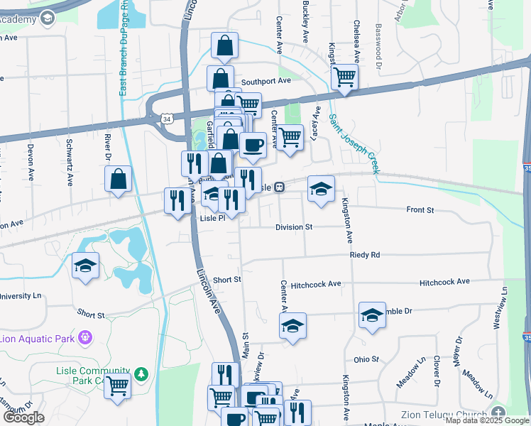 map of restaurants, bars, coffee shops, grocery stores, and more near 1003 Division Street in Lisle