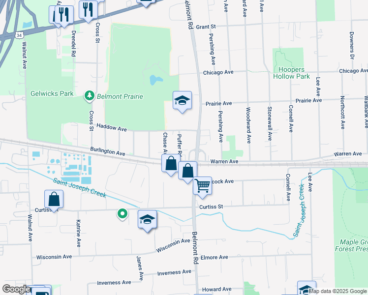 map of restaurants, bars, coffee shops, grocery stores, and more near 4944 Belmont Road in Downers Grove