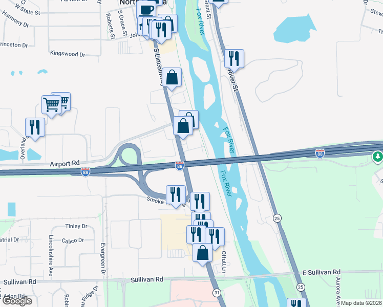 map of restaurants, bars, coffee shops, grocery stores, and more near 18 Riverview Street in North Aurora