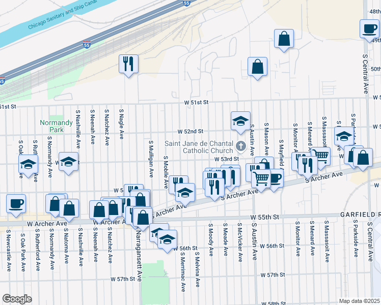 map of restaurants, bars, coffee shops, grocery stores, and more near 5301 South Melvina Avenue in Chicago