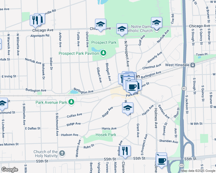 map of restaurants, bars, coffee shops, grocery stores, and more near 326 Park Avenue in Clarendon Hills