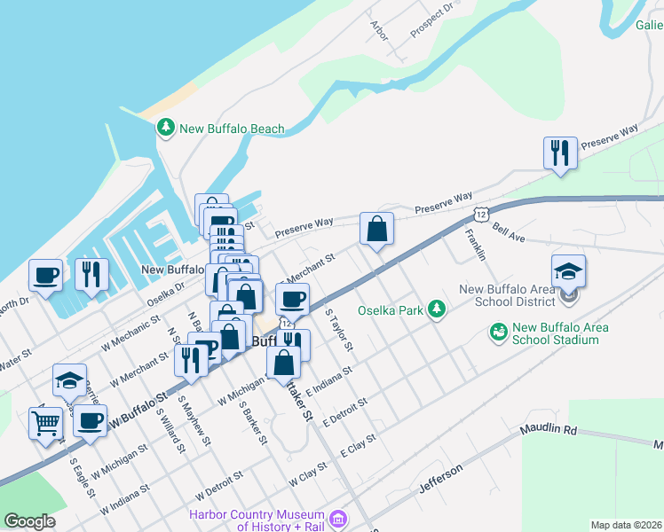 map of restaurants, bars, coffee shops, grocery stores, and more near 316 East Buffalo Street in New Buffalo