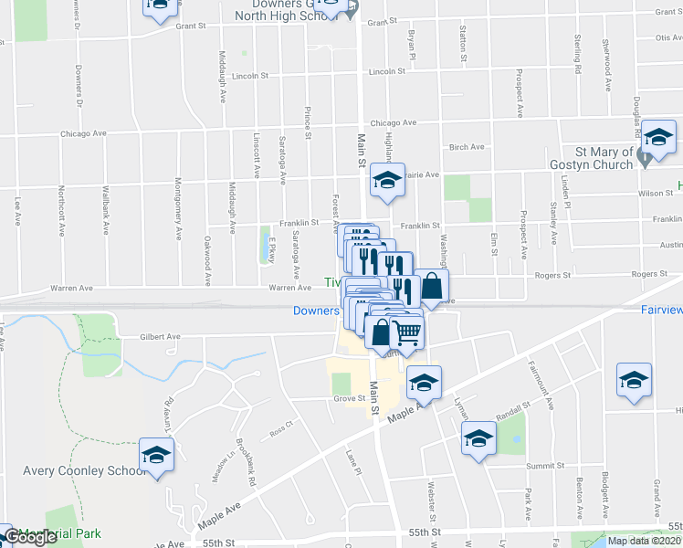 map of restaurants, bars, coffee shops, grocery stores, and more near 5002 Main Street in Downers Grove