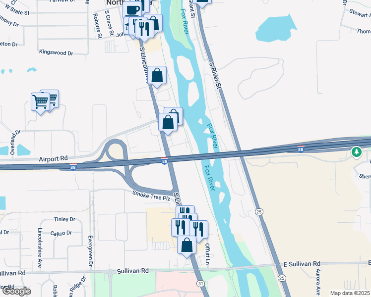 map of restaurants, bars, coffee shops, grocery stores, and more near 10 Riverview Street in North Aurora