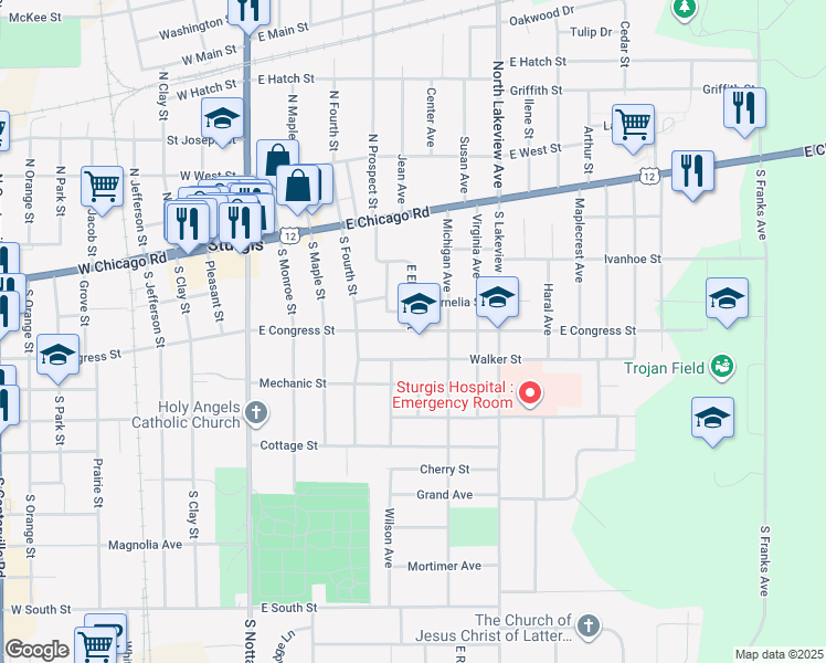 map of restaurants, bars, coffee shops, grocery stores, and more near 421 East Congress Street in Sturgis