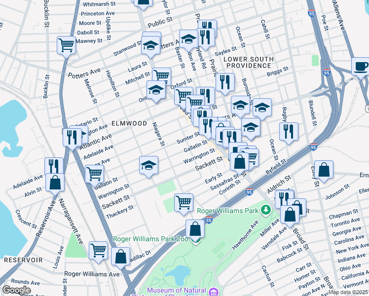 map of restaurants, bars, coffee shops, grocery stores, and more near 84 Gallatin Street in Providence