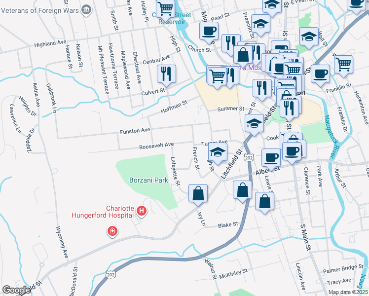 map of restaurants, bars, coffee shops, grocery stores, and more near 16 Maple Street in Torrington