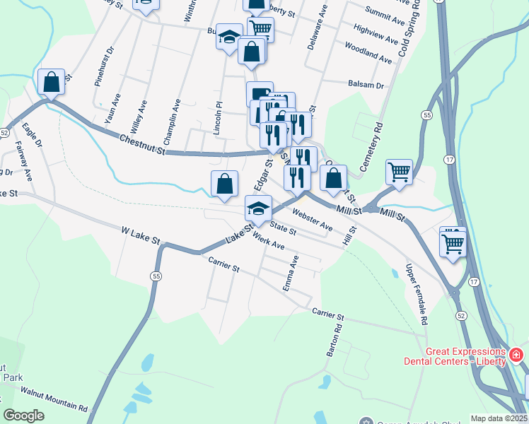 map of restaurants, bars, coffee shops, grocery stores, and more near 12 Wierk Avenue in Liberty