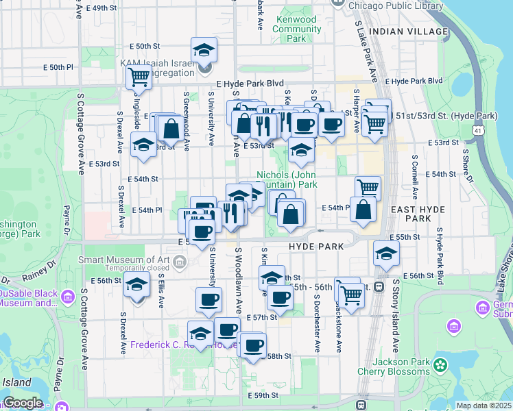 map of restaurants, bars, coffee shops, grocery stores, and more near 920 East 55th Street in Chicago