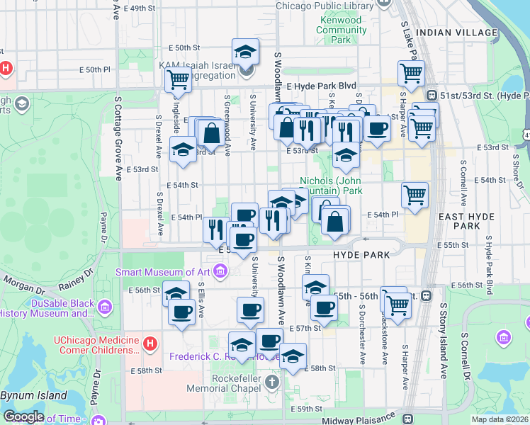 map of restaurants, bars, coffee shops, grocery stores, and more near 5470 South Woodlawn Avenue in Chicago
