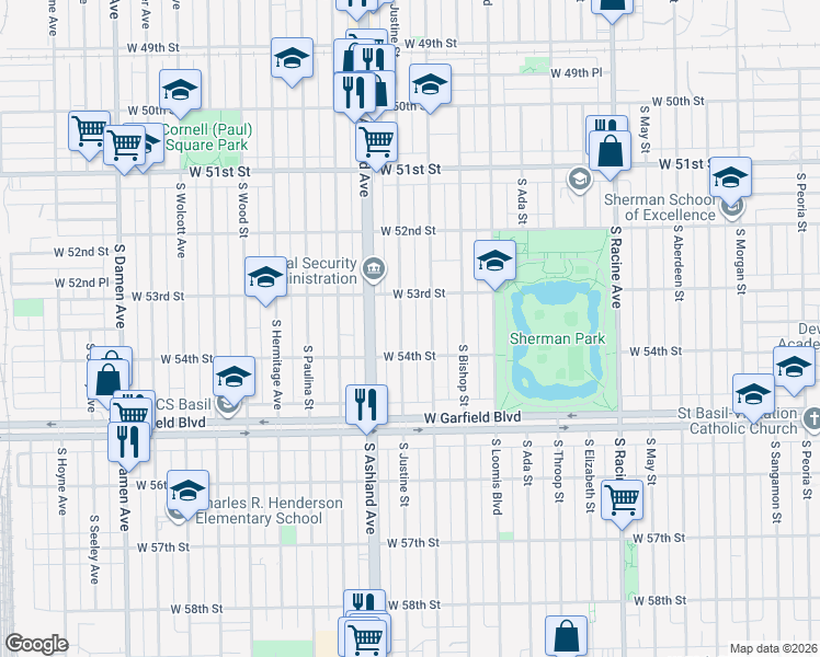map of restaurants, bars, coffee shops, grocery stores, and more near 5355 South Justine Street in Chicago