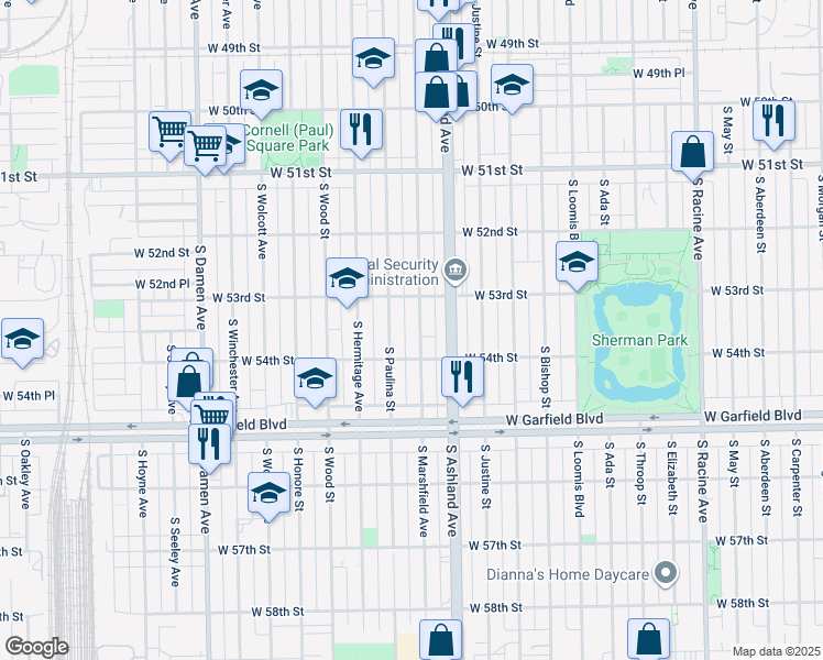 map of restaurants, bars, coffee shops, grocery stores, and more near 5356 South Marshfield Avenue in Chicago
