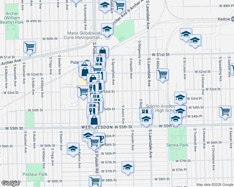 map of restaurants, bars, coffee shops, grocery stores, and more near 5330 South Avers Avenue in Chicago