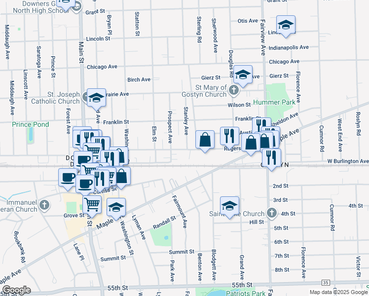 map of restaurants, bars, coffee shops, grocery stores, and more near 703 Rogers Street in Downers Grove