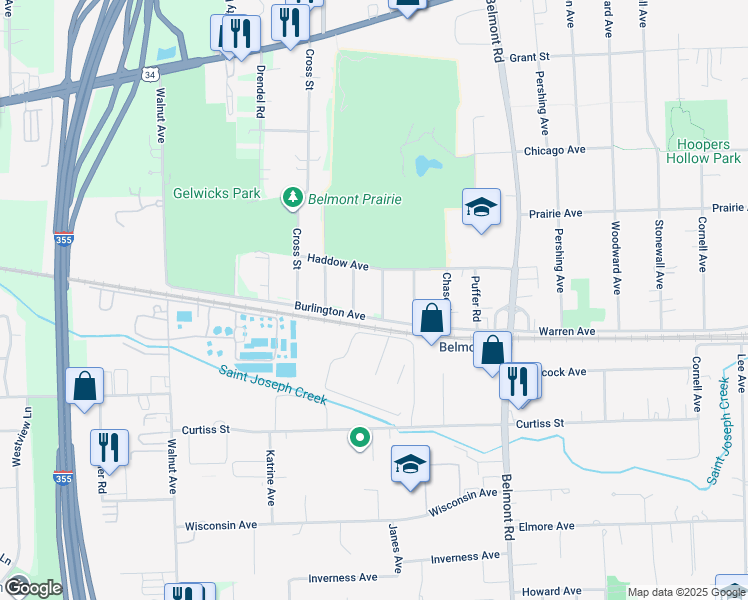map of restaurants, bars, coffee shops, grocery stores, and more near 4949 Rose Avenue in Downers Grove