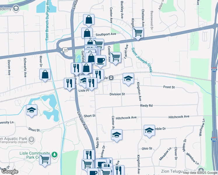 map of restaurants, bars, coffee shops, grocery stores, and more near 1003 Division Street in Lisle