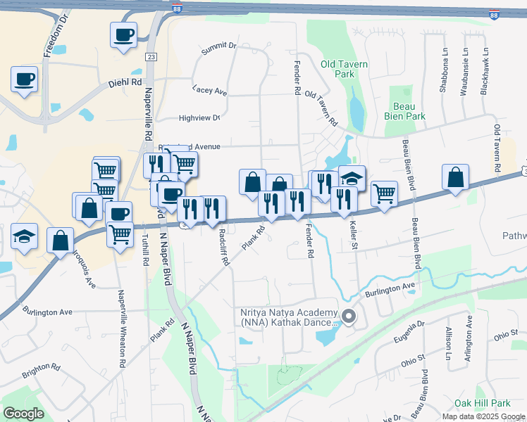 map of restaurants, bars, coffee shops, grocery stores, and more near 3099 Ogden Avenue in Lisle