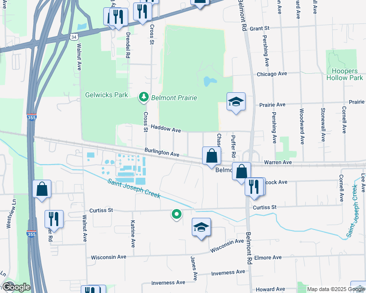 map of restaurants, bars, coffee shops, grocery stores, and more near 4949 Rose Avenue in Downers Grove