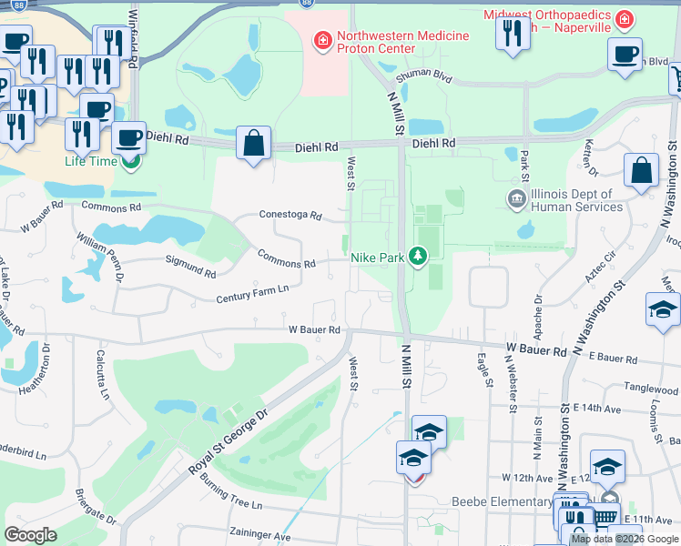 map of restaurants, bars, coffee shops, grocery stores, and more near 1512 Hammer Creek Court in Naperville
