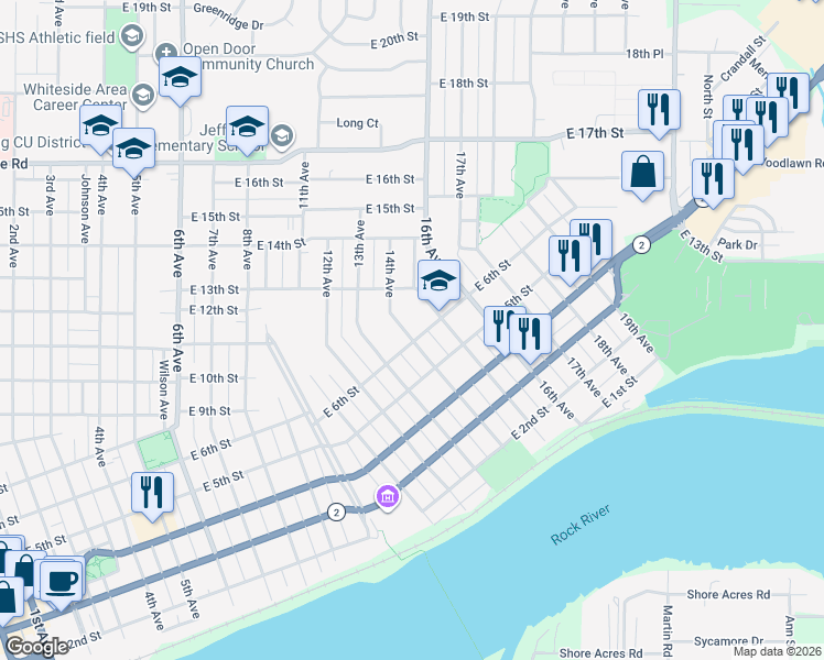 map of restaurants, bars, coffee shops, grocery stores, and more near 602 13th Avenue in Sterling