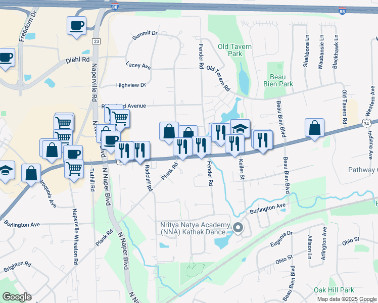 map of restaurants, bars, coffee shops, grocery stores, and more near 3033 Ogden Avenue in Lisle
